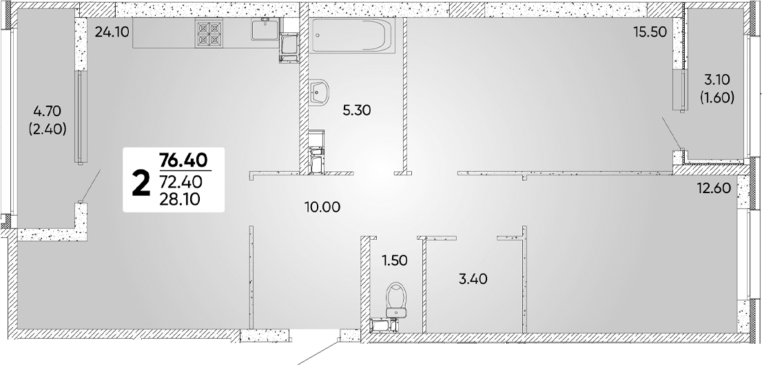 2-комн., 72.4 м², 5/9 этаж, ЖК «Архитектор. ГК ЮгСтройИнвест»