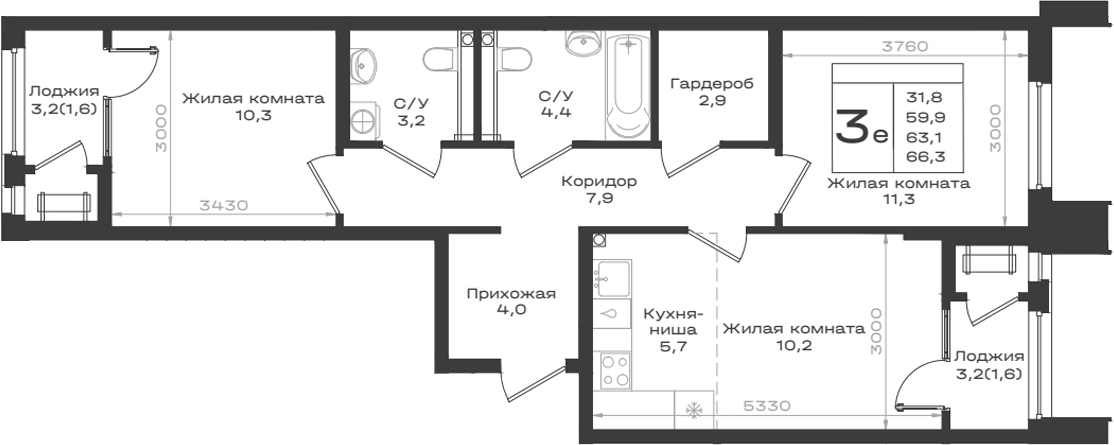 3-комн., 59.9 м², 2/14 этаж, ЖК «Нагория»