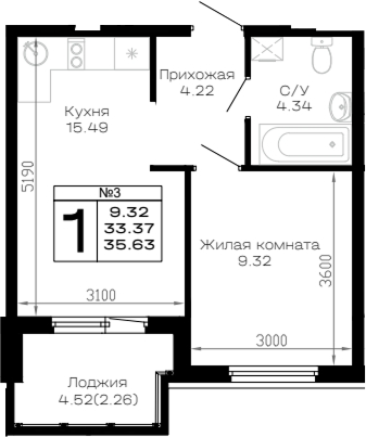 1-комн., 33.37 м², 1/4 этаж, ЖК «Усадьба Гостагаевская»