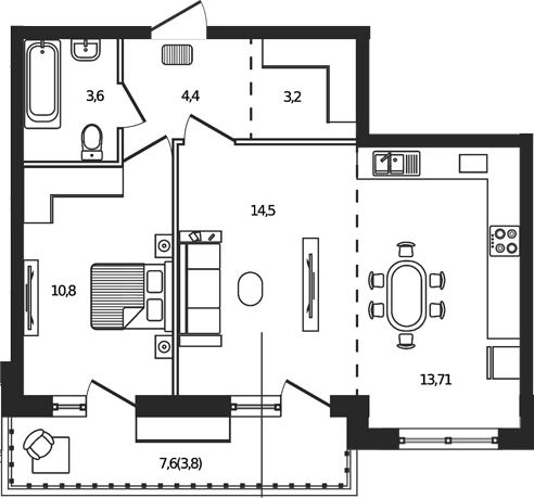 2-комн., 50.2 м², 9/9 этаж, ЖК «Сиреневый бульвар»
