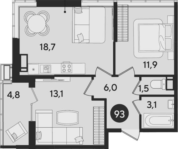 3-комн., 54.3 м², 15/16 этаж, ЖК «Парк Победы»