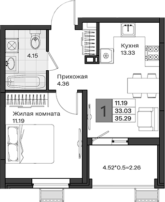 1-комн., 33.03 м², 5/8 этаж, ЖК «МОНО квартал»