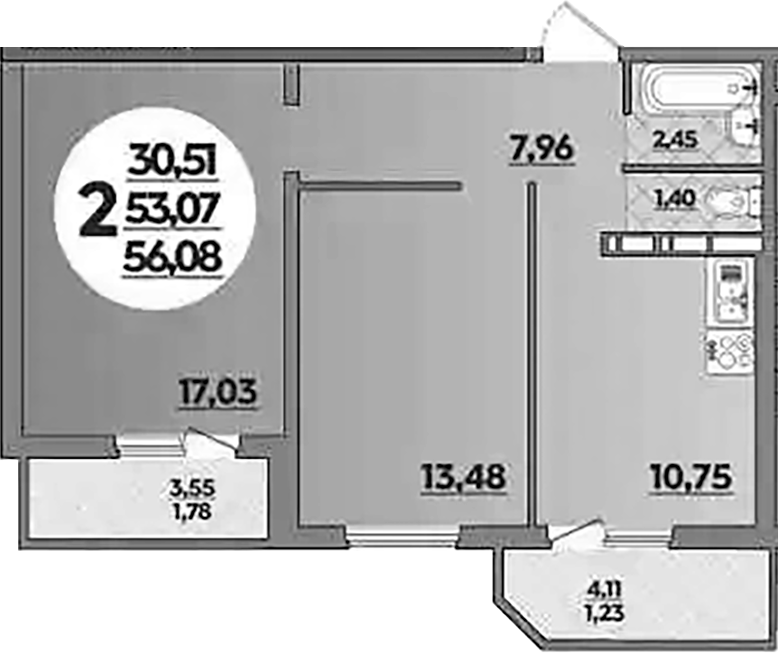 2-комн., 53.07 м², 2/16 этаж, ЖК «Восточный. Квартал №6»