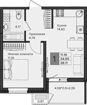 1-комн., 34.95 м², 8/8 этаж, ЖК «МОНО квартал»