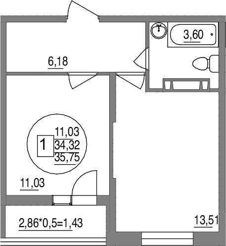 1-комн., 34.32 м², 5/12 этаж, ЖК «Друг»