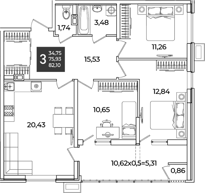 3-комн., 75.93 м², 5/18 этаж, ЖК «Образцово»
