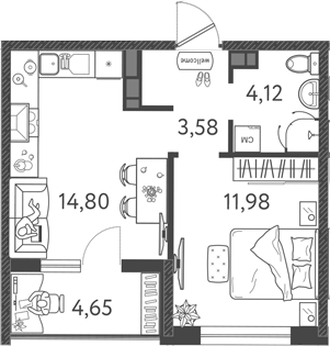 1-комн., 34.48 м², 4/9 этаж, ЖК «Друзья»