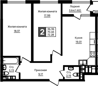 2-комн., 70.46 м², 12/18 этаж, ЖК «Резиденция морей»