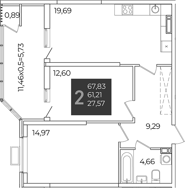 2-комн., 61.21 м², 20/21 этаж, ЖК «Образцово»