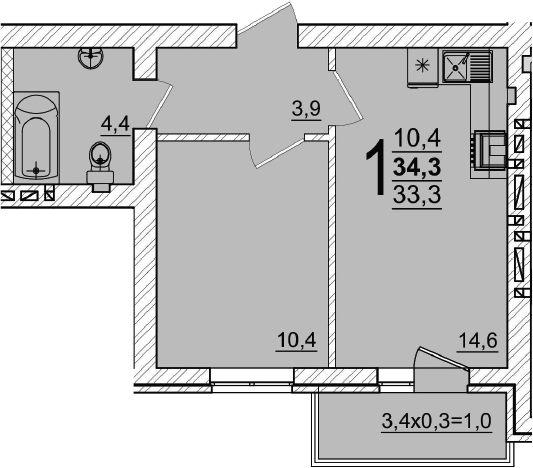 1-комн., 33.3 м², 4/5 этаж, ЖК «Дарград»