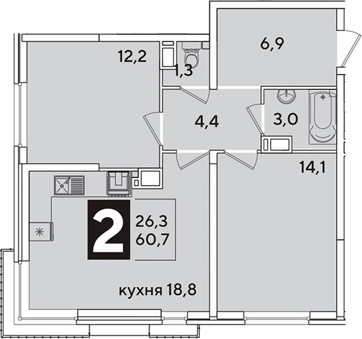 3-комн., 60.7 м², 14/16 этаж, ЖК «Самолет»