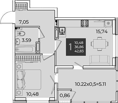 1-комн., 36.86 м², 10/18 этаж, ЖК «Образцово»
