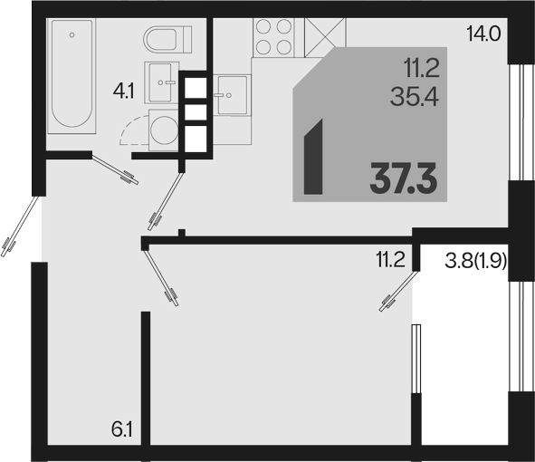 1-комн., 35.4 м², 5/9 этаж, ЖК «Первое место»