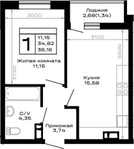 1-комн., 34.82 м², 11/16 этаж, ЖК «Горные высоты»