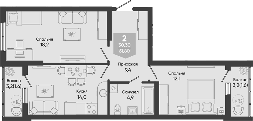 2-комн., 58.6 м², 1/24 этаж, ЖК «Облака»