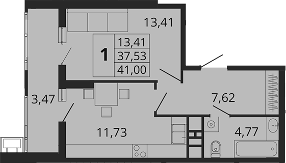 1-комн., 37.53 м², 8/18 этаж, ЖК «Родные Просторы»