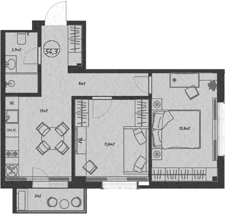 2-комн., 51.3 м², 2/7 этаж, ЖК «Оливия»