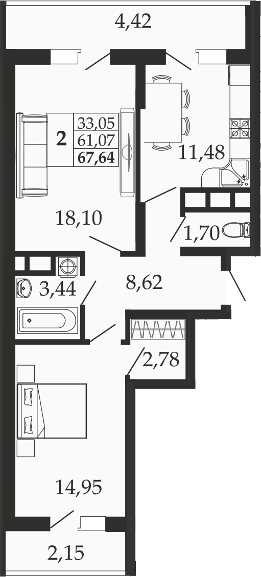 2-комн., 61.07 м², 2/18 этаж, ЖК «Родные Просторы»