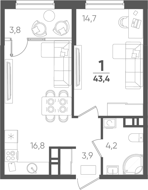 1-комн., 39.6 м², 4/9 этаж, ЖК «Барса»