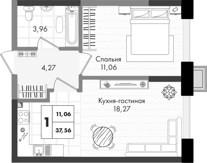 2-комн., 37.56 м², 6/9 этаж, ЖК «Зеленая территория»