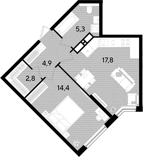 1-комн., 45.2 м², 10/16 этаж, ЖК «DОГМА ПАРК»