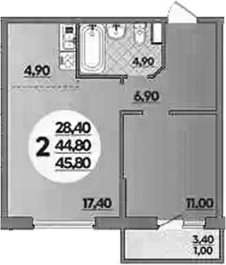 1-комн., 44.8 м², 1/18 этаж, ЖК «Парк у дома»