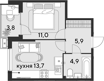 1-комн., 35.5 м², 2/18 этаж, ЖК «Парк Победы»