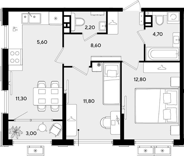 3-комн., 57 м², 7/9 этаж, ЖК «Порто-Ново»