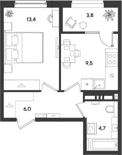 1-комн., 33.6 м², 4/9 этаж, ЖК «Ридз»