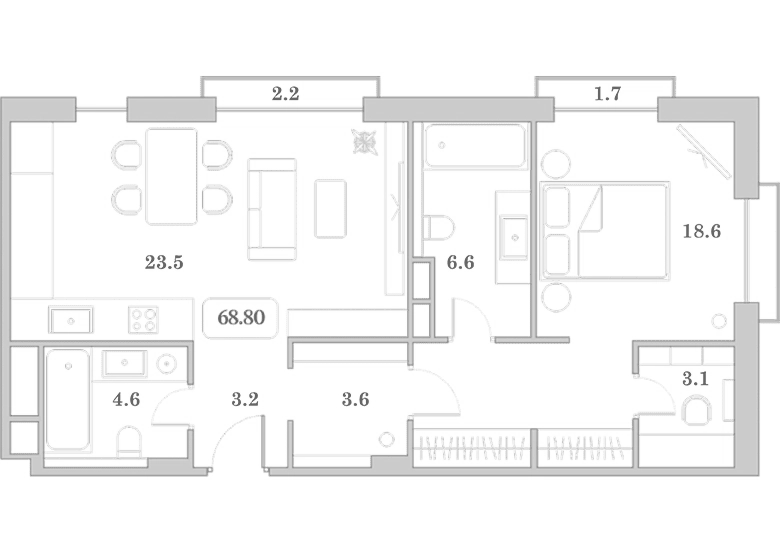 2-комн., 63.2 м², 6/7 этаж, ЖК «Граф Толстой»