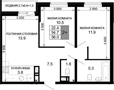 3-комн., 54.7 м², 14/16 этаж, ЖК «Дыхание»