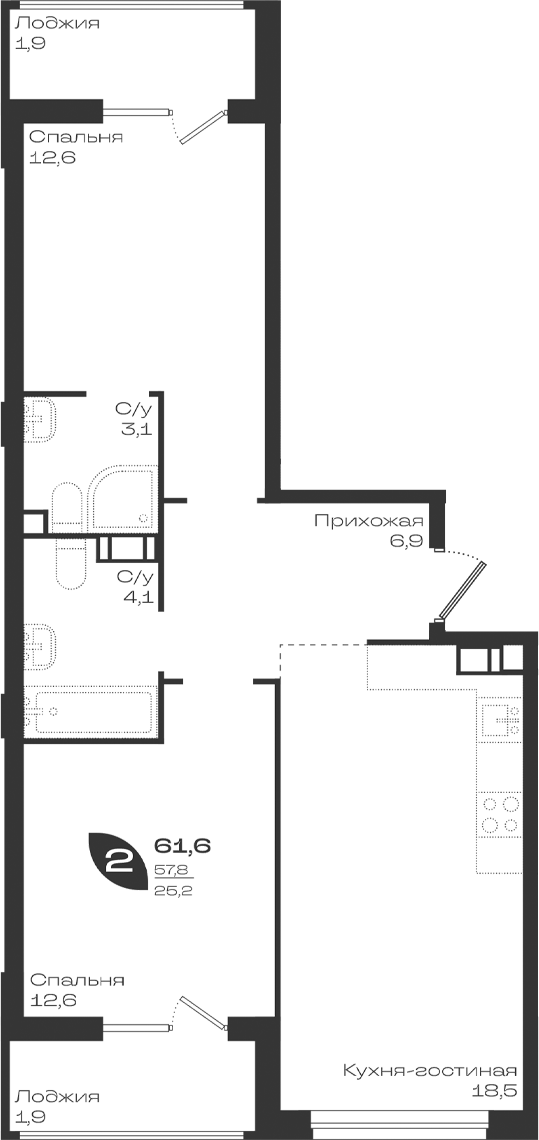 2-комн., 57.8 м², 7/9 этаж, ЖК «Ботаника»