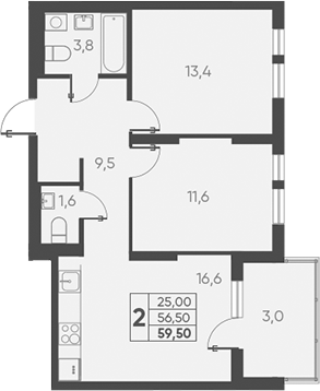 2-комн., 56.5 м², 13/15 этаж, ЖК «Барса»