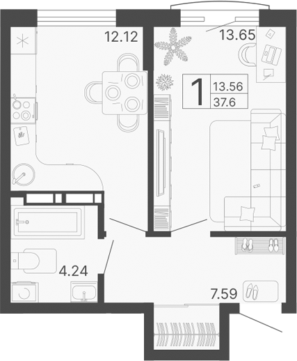 1-комн., 37.6 м², 17/17 этаж, ЖК «Светский лес»