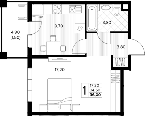 1-комн., 34.5 м², 1/7 этаж, ЖК «Кипарис»