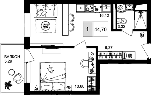 2-комн., 39.41 м², 3/8 этаж, ЖК «IT гостиничный комплекс Корсаков»