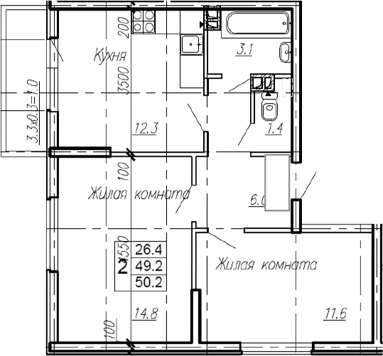 2-комн., 49.2 м², 3/4 этаж, ЖК «Эво»