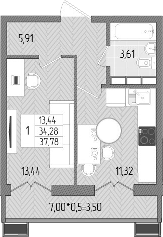1-комн., 34.28 м², 2/8 этаж, ЖК «Сады у моря»