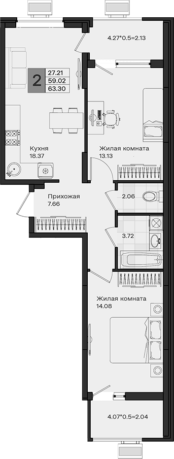 Продается 2-комн. квартира, 59.02 м²