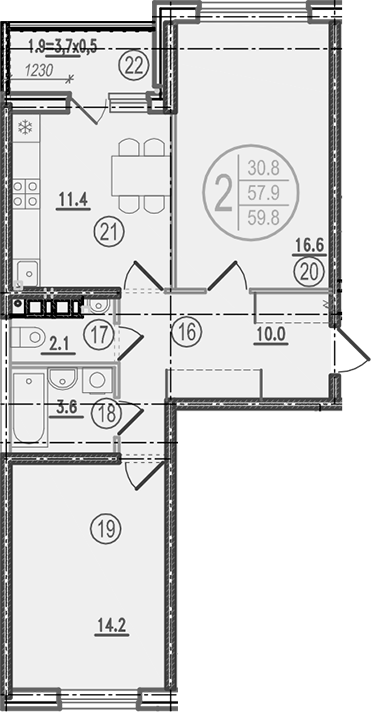 2-комн., 57.9 м², 3/9 этаж, ЖК «Спортивная деревня»