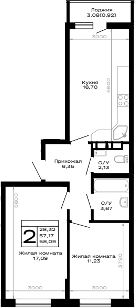 2-комн., 57.17 м², 5/16 этаж, ЖК «Горные высоты»