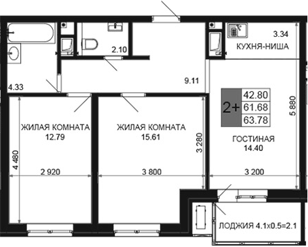 3-комн., 61.68 м², 12/16 этаж, ЖК «Сегодня»