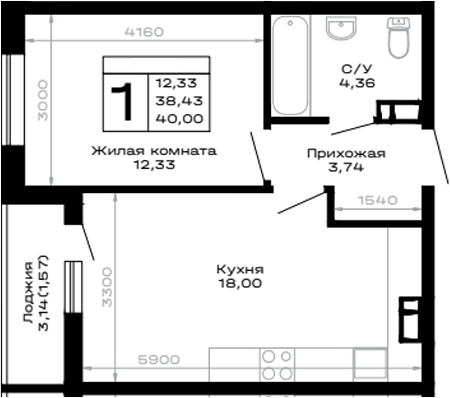 1-комн., 38.43 м², 4/14 этаж, ЖК «Горные высоты»