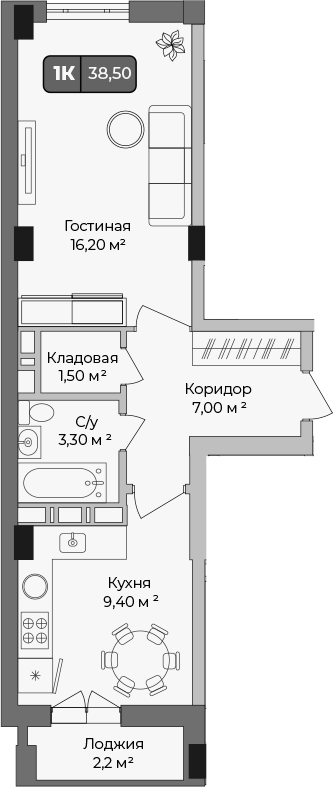 1-комн., 37.4 м², 1/9 этаж, ЖК «Опера»