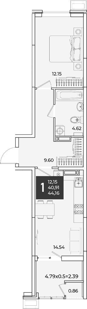 1-комн., 40.91 м², 15/18 этаж, ЖК «Образцово»