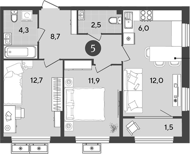 3-комн., 58.1 м², 2/9 этаж, ЖК «Порто-Ново»