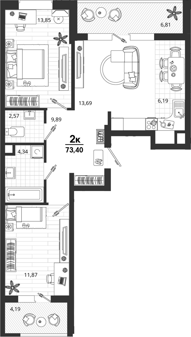 2-комн., 62.4 м², 2/18 этаж, ЖК «Родные Просторы»