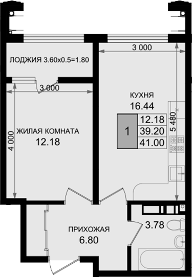 1-комн., 39.2 м², 2/8 этаж, ЖК «Резиденция морей»