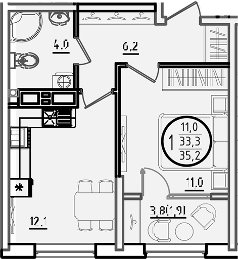 1-комн., 33.3 м², 13/18 этаж, ЖК «Первое место»