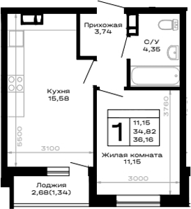 1-комн., 34.82 м², 3/16 этаж, ЖК «Горные высоты»